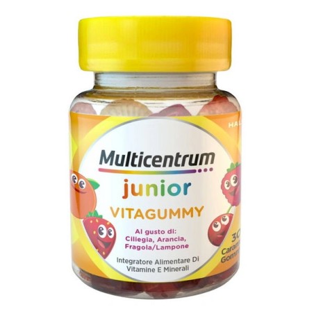 Flacone da 30 caramelle gommose di Multicentrum VitaGummy, integratore di vitamine specifico per i bambini. Flacone da 30 caramelle gommose di Multicentrum VitaGummy, integratore di vitamine specifico per i bambini.