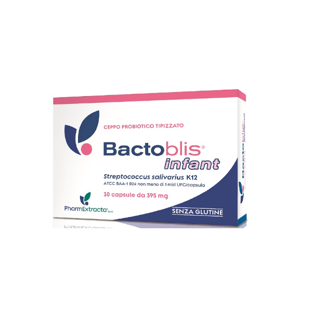 Confezione da 30 capsule di Bactoblis Infant, integratore per il benessere intestinale e immunitario dei bambini.