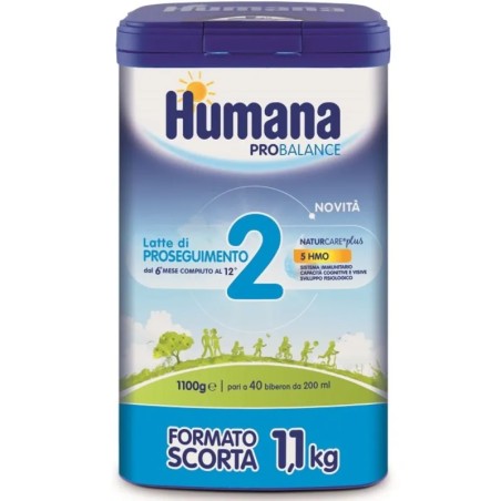 Confezione da 1100 grammi di Humana 2, latte di proseguimento per bambini da 6 mesi a 1 anno di età. Confezione da 1100 grammi di Humana 2, latte di proseguimento per bambini da 6 mesi a 1 anno di età.