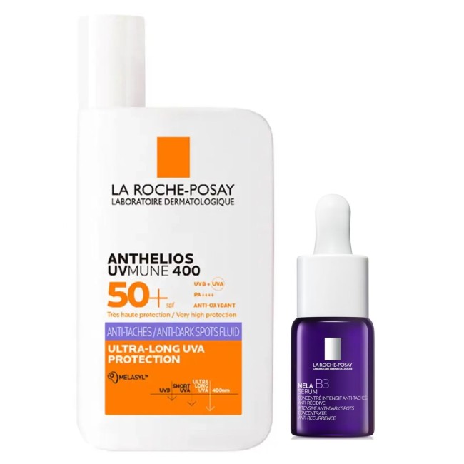 Confezione Anthelios con Fluido Spf 50+ Anti Macchia 50 ml + Siero Mela B3 10 ml Confezione Anthelios con Fluido Spf 50+ Anti Macchia 50 ml + Siero Mela B3 10 ml