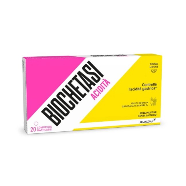 Confezione da 20 compresse di Biochetasi Acidità, integratore utile in caso di cattiva digestione. Confezione da 20 compresse di Biochetasi Acidità, integratore utile in caso di cattiva digestione.