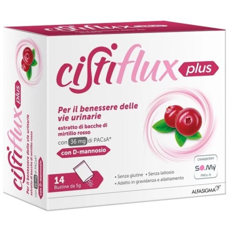 Confezione da 14 bustine di Cistiflux plus 36+D per il benessere delle vie urinarie. Confezione da 14 bustine di Cistiflux plus 36+D per il benessere delle vie urinarie.