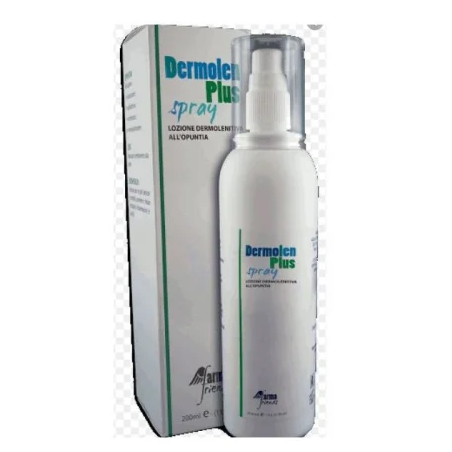 Flacone da 200 ml di Dermolen Spray, rimedio lenitivo per pelli sensibili e irritate.