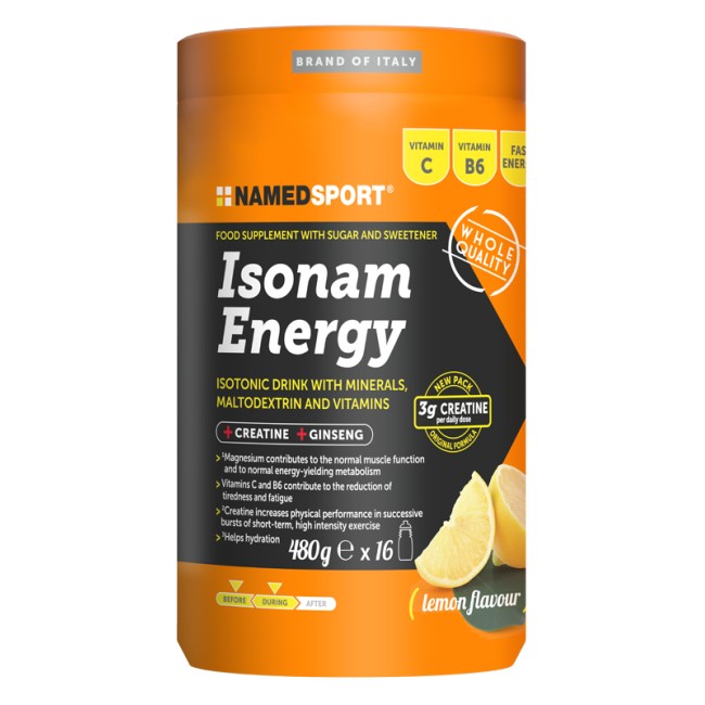 Barattolo da 480 grammi di Named Sport Isonam Energy Gusto Limone, integratore per energia e recupero idrosalino. Barattolo da 480 grammi di Named Sport Isonam Energy Gusto Limone, integratore per energia e recupero idrosalino.