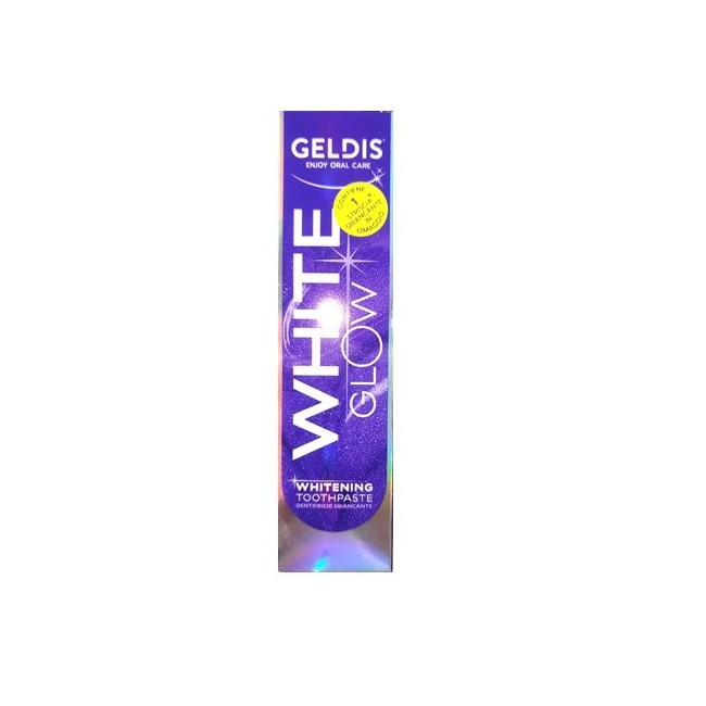 Confezione da 90 grammi di Geldis White Glow Dentifricio Ad Azione Sbiancante Antimacchia. Confezione da 90 grammi di Geldis White Glow Dentifricio Ad Azione Sbiancante Antimacchia.