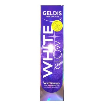 Confezione da 90 grammi di Geldis White Glow Dentifricio Ad Azione Sbiancante Antimacchia. Confezione da 90 grammi di Geldis White Glow Dentifricio Ad Azione Sbiancante Antimacchia.