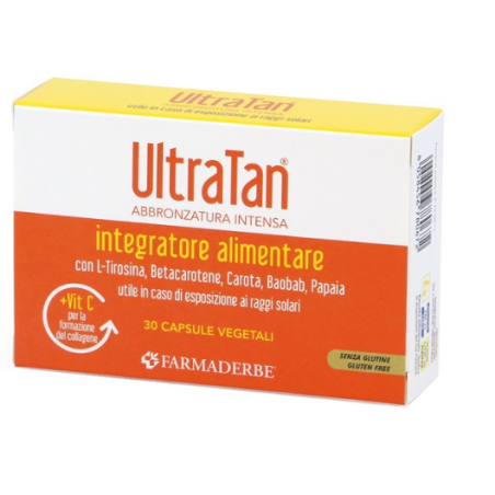 Confezione da 30 capsule di Ultra Tan, integratore per abbronzatura intensa. Confezione da 30 capsule di Ultra Tan, integratore per abbronzatura intensa.
