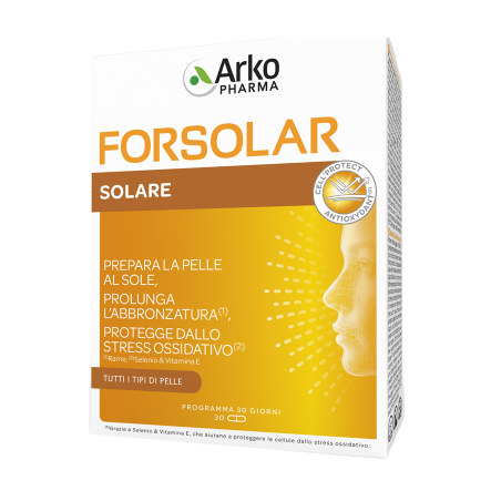 Confezione da 30 capsule di Arkopharma Forsolar, integratore per abbronzare e proteggere la pelle.