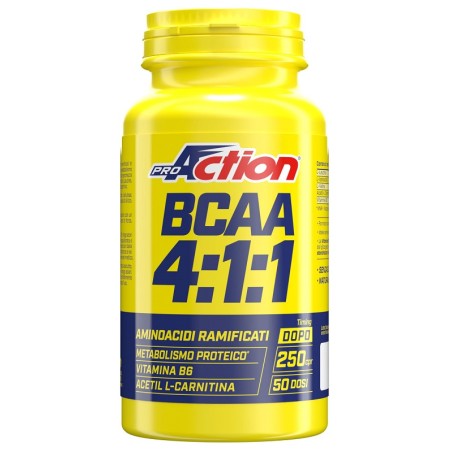 Confezione da 250 compresse di ProAction Bcaa 4:1:1, integratore per la crescita muscolare.