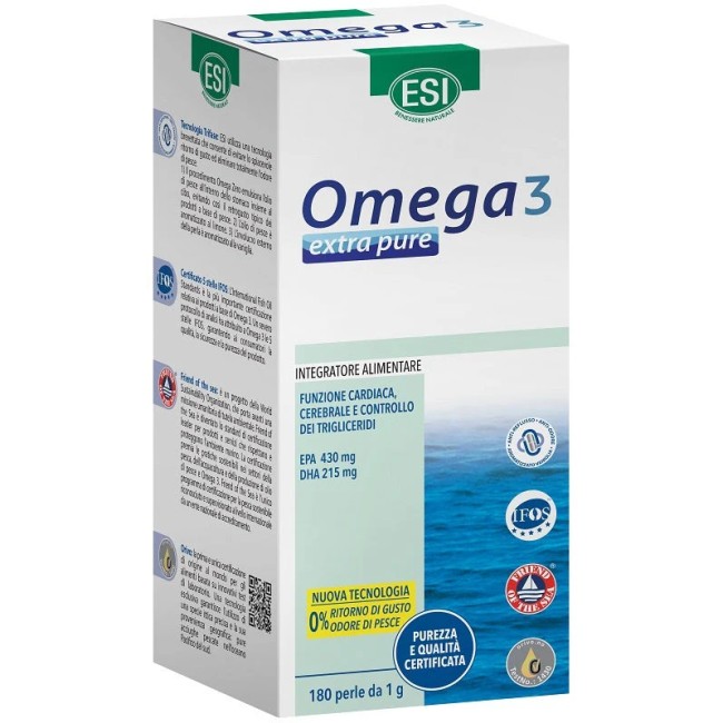 Confezione da 180 perle di Esi Omega 3 Extra Pure Integratore Per Il Benessere Cardiocircolatorio.