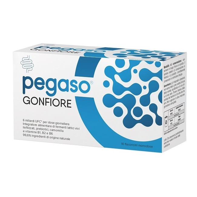 Confezione da 10 flaconcini di Pegaso Gonfiore Integratore Di Fermenti Lattici Per Il Benessere Intestinale.