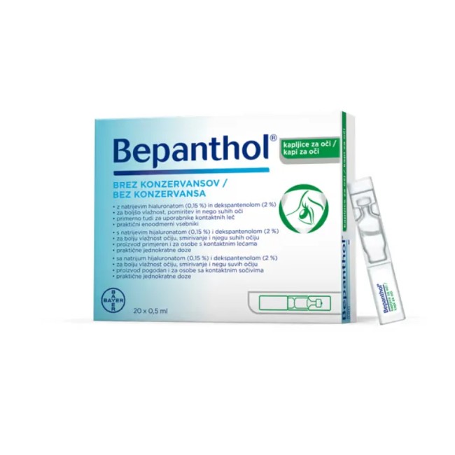 Confezione da 20 fialette monodose di Bepanthenol Collirio Umettante Per Secchezza Oculare. Confezione da 20 fialette monodose di Bepanthenol Collirio Umettante Per Secchezza Oculare.
