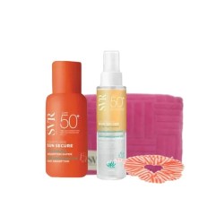 Confezione Svr contenente Svr Sun Secure Crema Viso Spf 50+ + Acqua Corpo Spf 50+ + Pochette + Elastico Capelli