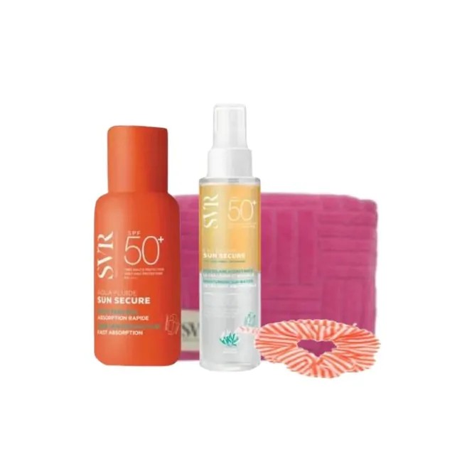 Confezione Svr contenente Svr Sun Secure Crema Viso Spf 50+ + Acqua Corpo Spf 50+ + Pochette + Elastico Capelli