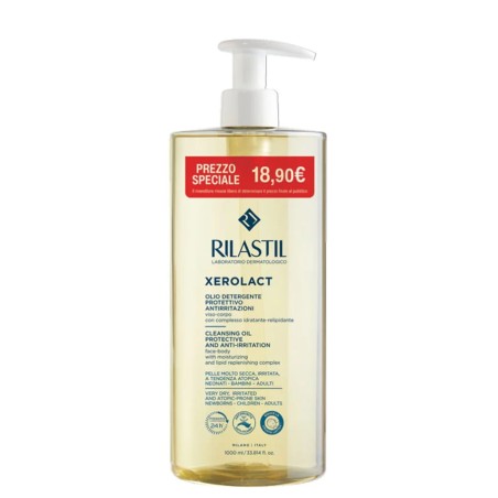 Confezione da 1 litro di Rilastil Xerolact olio detergente protettivo anti-irritazioni. Confezione da 1 litro di Rilastil Xerolact olio detergente protettivo anti-irritazioni.