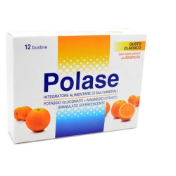 Confezione da 12 bustine di Polase, integratore di megnesio e potassio per stanchezza e affaticamento.