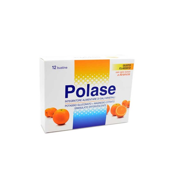 Confezione da 12 bustine di Polase, integratore di megnesio e potassio per stanchezza e affaticamento.