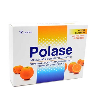 Confezione da 12 bustine di Polase, integratore di megnesio e potassio per stanchezza e affaticamento.