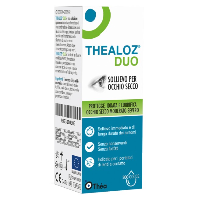 Flacone da 10 ml di Thealoz Duo, collirio per occhi secchi e irritati. Flacone da 10 ml di Thealoz Duo, collirio per occhi secchi e irritati.