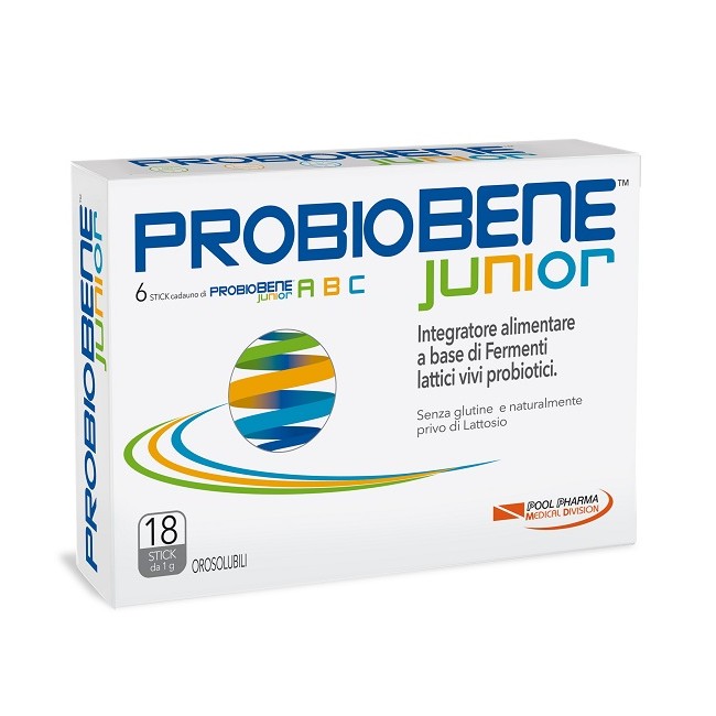 Confezione da 18 stick orosolubili di Probiobene Junior Integratore Di Fermenti Lattici Per Bambini