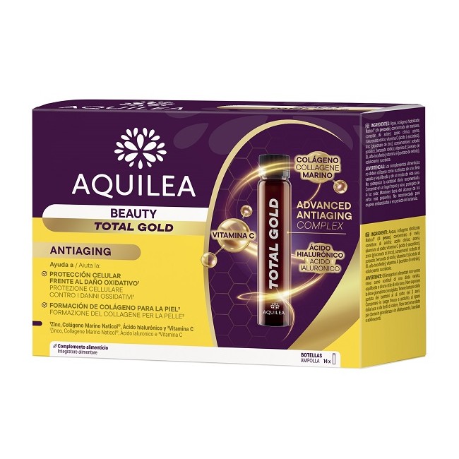 Confezione da 14 fialette di Aquilea Beauty Total Gold Integratore Anti-Invecchiamento.