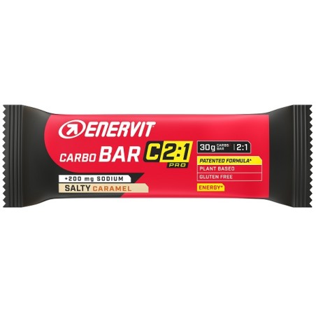 Barretta da 45 g di Enervit C2:1 Pro Carbo Sodio Salty Carmel, barretta ricca di carboidrati e vitamina B1.