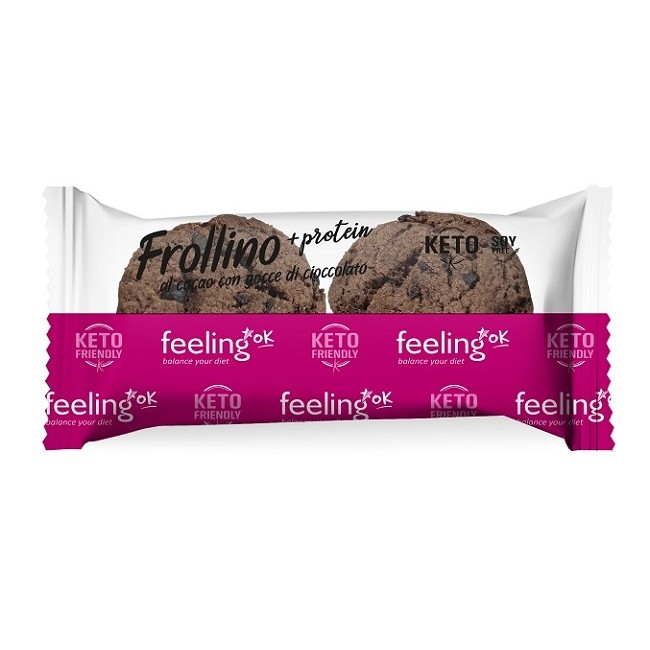 Confezione da 50 grammi di Feeling Ok +Protein Frollino Al Cacao Con Gocce Di Cioccolato Per Dieta Chetogenica.