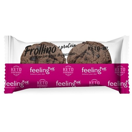 Confezione da 50 grammi di Feeling Ok +Protein Frollino Al Cacao Con Gocce Di Cioccolato Per Dieta Chetogenica.