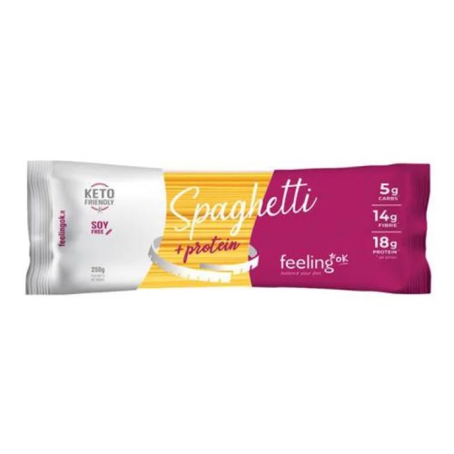 Confezione da 250 grammi di Feeling Ok Spaghetti Pasta Proteica Per Alimentazione Low Carb. Confezione da 250 grammi di Feeling Ok Spaghetti Pasta Proteica Per Alimentazione Low Carb.