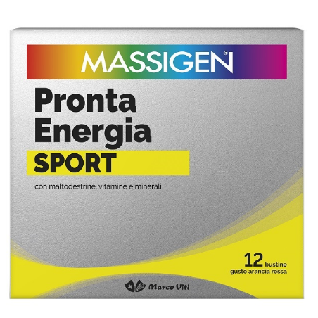 Confezione da 12 bustine di Massigen Sport Pronta Energia, integratore per recupero energetico e muscolare.
