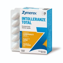 Confezione da 20 compresse di Zymerex Intolleranze Total, integratore per digestione e metabolismo dei lipidi.