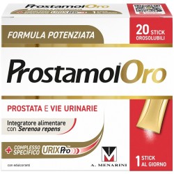 Confezione da 20 stick orosolubili di Prostamol Oro Integratore Con Serenoa Repens Per Il Benessere Della Prostata.