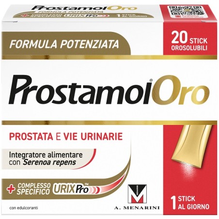 Confezione da 20 stick orosolubili di Prostamol Oro Integratore Con Serenoa Repens Per Il Benessere Della Prostata.