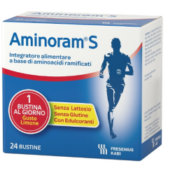 Confezione da 24 bustine di Aminoram S, integratore di aminoacidi ramificati per recupero muscolare.