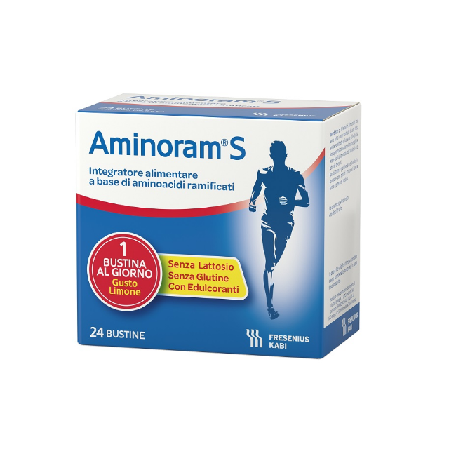 Confezione da 24 bustine di Aminoram S, integratore di aminoacidi ramificati per recupero muscolare.