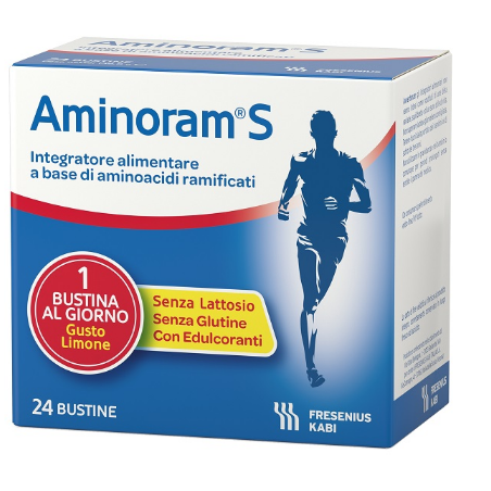 Confezione da 24 bustine di Aminoram S, integratore di aminoacidi ramificati per recupero muscolare.