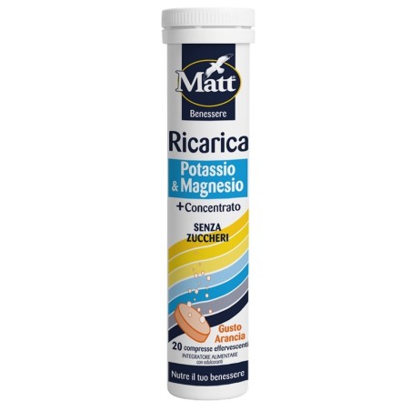 Matt Ricarica Potassio & Magnesio 20 Compresse Effervescenti Gusto Arancia Senza Zuccheri Con Edulcorante Senza Glutine