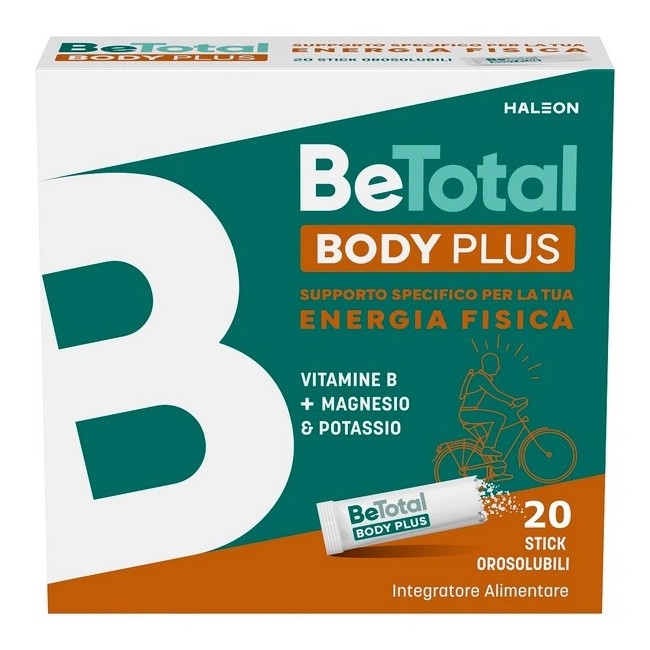 Confezione da 20 bustine di Be-Total Body Plus, integratore per il benessere dei muscoli. Confezione da 20 bustine di Be-Total Body Plus, integratore per il benessere dei muscoli.
