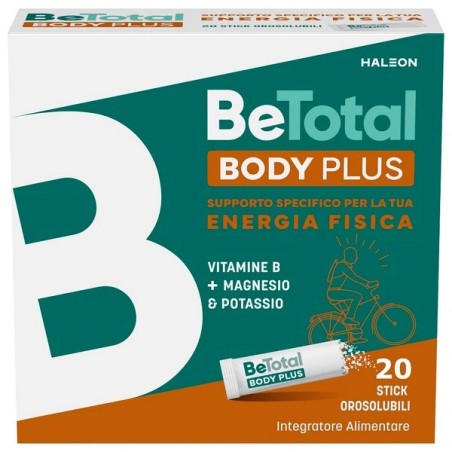 Confezione da 20 bustine di Be-Total Body Plus, integratore per il benessere dei muscoli. Confezione da 20 bustine di Be-Total Body Plus, integratore per il benessere dei muscoli.