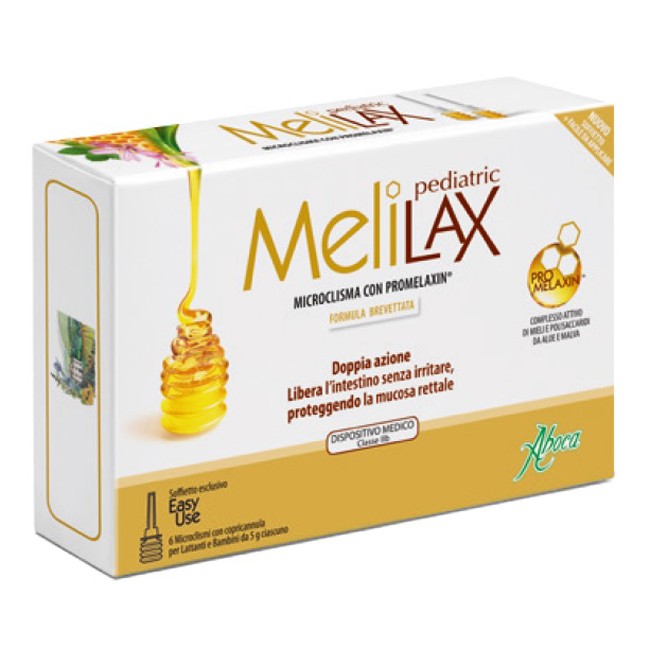 Confezione contenente 6 microclismi di Aboca Melilax Pediatric, rimedio per stipsi nei bambini.