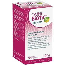 Flacone da 60 g di Omni Biotic Aktiv, integratore probiotico per equilibrio intestinale.