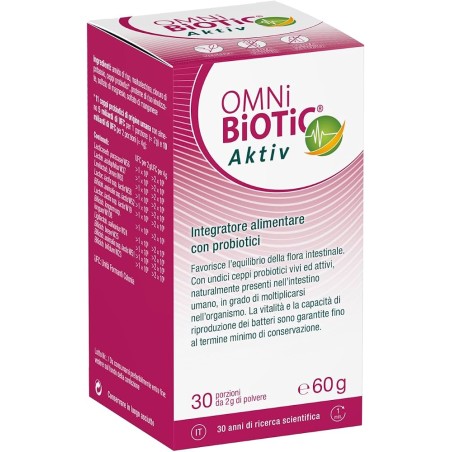 Flacone da 60 g di Omni Biotic Aktiv, integratore probiotico per equilibrio intestinale. Flacone da 60 g di Omni Biotic Aktiv, integratore probiotico per equilibrio intestinale.