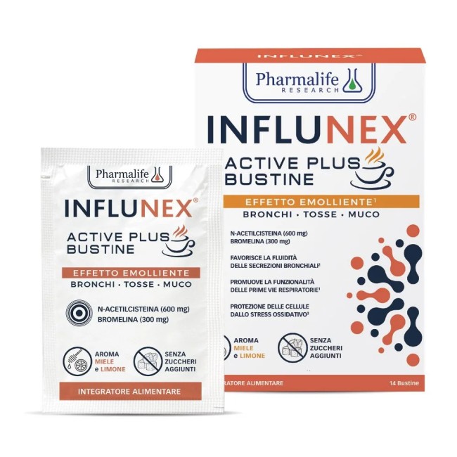 Confezione da 14 bustine di Influnex Active Plus Emolliente Integratore Per Tosse E Catarro.