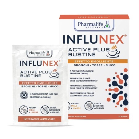 Confezione da 14 bustine di Influnex Active Plus Emolliente Integratore Per Tosse E Catarro.