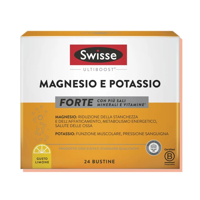Confezione da 24 bustine di Swisse magnesio e Potassio Forte, integratore per caldo e stanchezza.