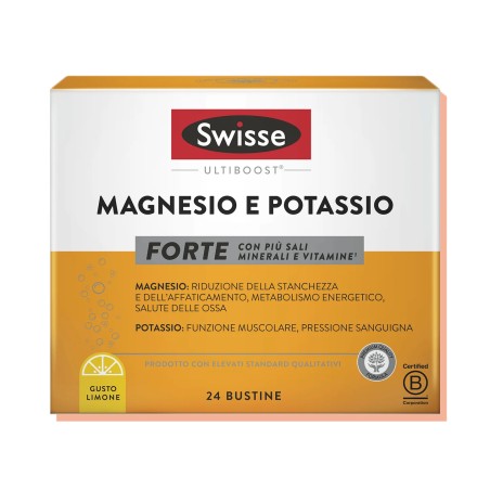 Confezione da 24 bustine di Swisse magnesio e Potassio Forte, integratore per caldo e stanchezza.