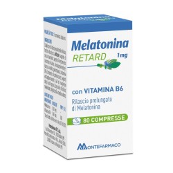 Confezione da 80 compresse di Montefarmaco Melatonina Retard Integratore Per Favorire Il Riposo Notturno.