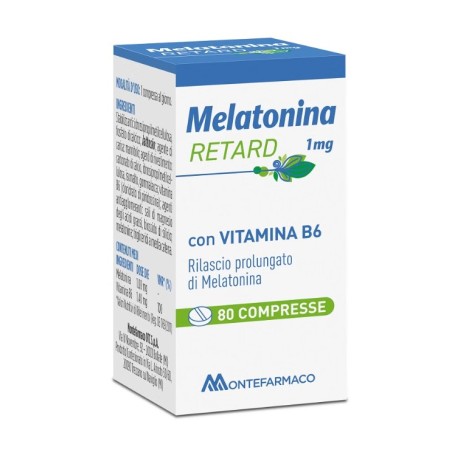 Confezione da 80 compresse di Montefarmaco Melatonina Retard Integratore Per Favorire Il Riposo Notturno.