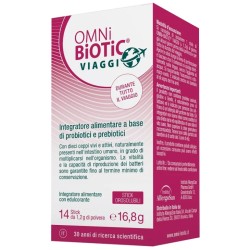 Confezione da 14 stick orosolubili di Omni Biotic Viaggi, integratore per prevenire la diarrea del viaggiatore.