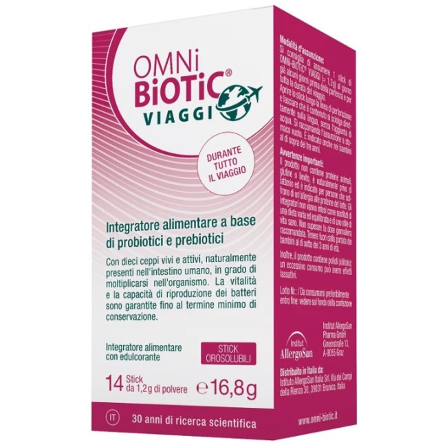 Confezione da 14 stick orosolubili di Omni Biotic Viaggi, integratore per prevenire la diarrea del viaggiatore. Confezione da 14 stick orosolubili di Omni Biotic Viaggi, integratore per prevenire la diarrea del viaggiatore.